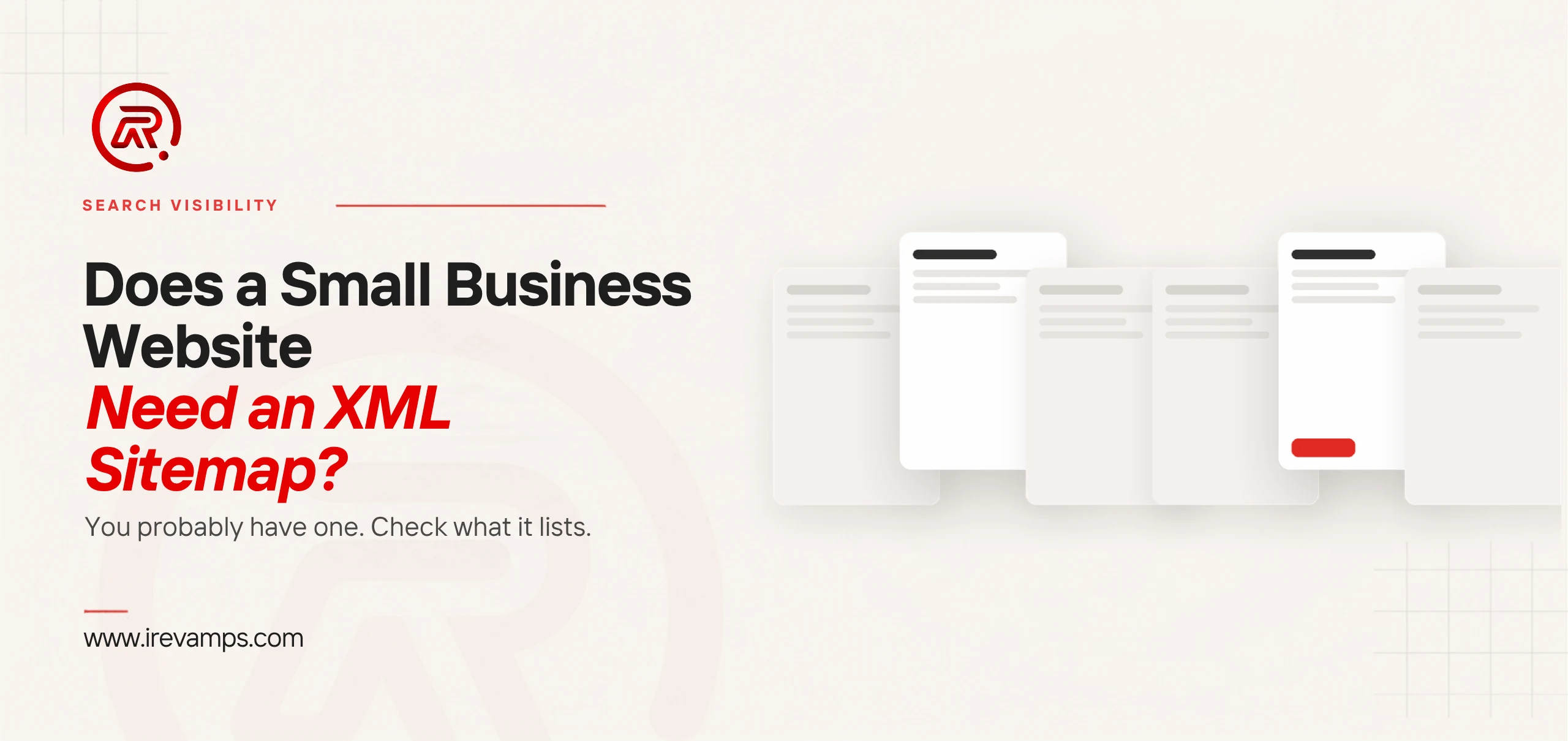 XML sitemap: title card beside a flat illustration of a row of six page cards, four pushed back and faded, two brought forward, one of them carrying a scarlet button