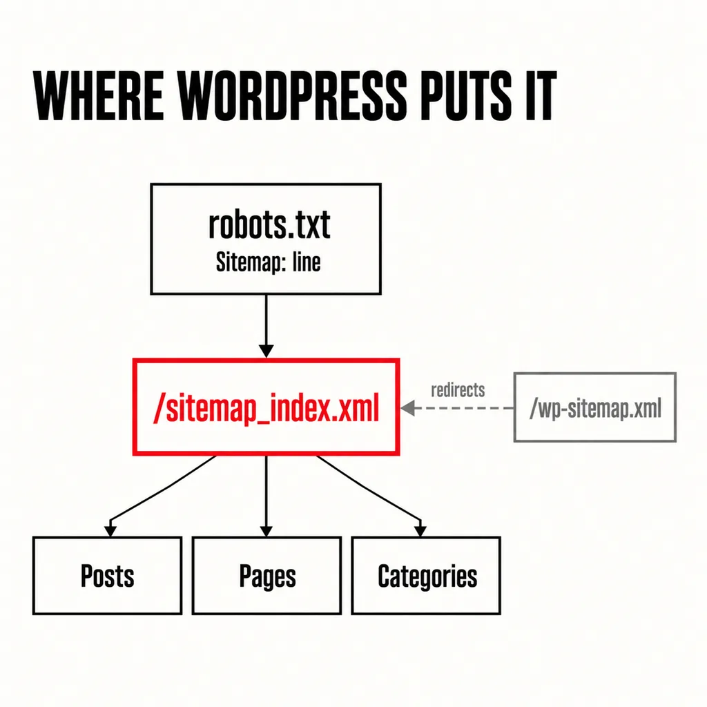 Flow diagram headed WHERE WORDPRESS PUTS IT: a robots.txt box with a Sitemap: line points down to a scarlet /sitemap_index.xml box, which branches to Posts, Pages and Categories, while a grey /wp-sitemap.xml box redirects into it with a dashed arrow